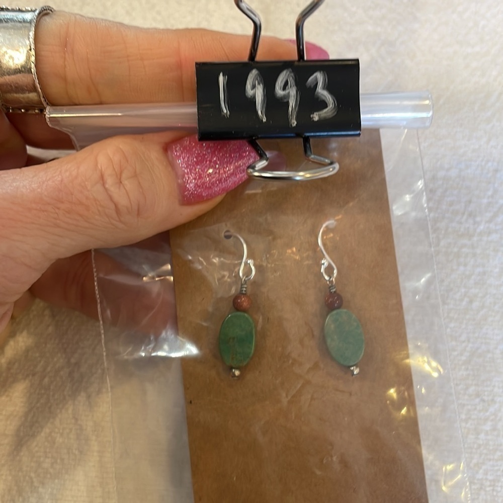 Sterling silver natural stone dangle drop green burnt orange glitter stone - Picture 7 of 7